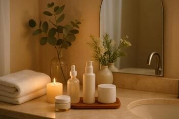 Serenique Beauty gecə dəriyə qulluq ritualı üçün flakonlar və şam işığı