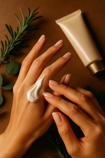 Serenique Beauty kremini əlində tutan istifadəçi və məhsul flakonu