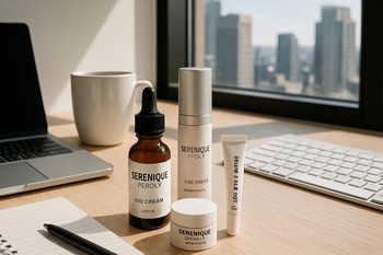 Serenique Beauty məhsulları ilə Bakı ofis gündəlik səhər masa görüntüsü