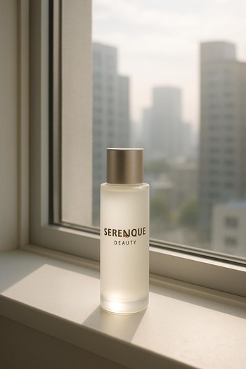 Şəhər mənzərəsi fonunda Serenique Beauty məhsullarının pəncərə kənarında yerləşdirilməsi