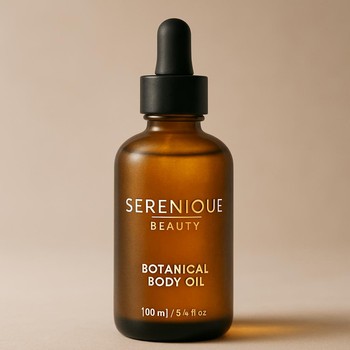 Serenique Beauty botanika bədən yağı şüşəsi və yumşaq tekstura