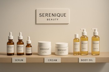 Serenique Beauty pinco və pin co kolleksiyasının vanna rəfində xəritə kimi düzülməsi