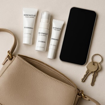 Serenique Beauty mini məhsullarının çantada yerləşdiyi flaylay görüntüsü