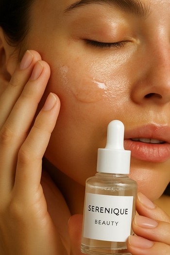 Serenique Beauty məhsullarını qat-qat tətbiq edən əllərin yaxın görüntüsü