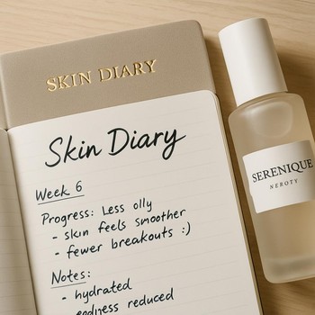 Serenique Beauty ilə dəri gündəliyi aparmaq üçün açıq dəftər və qələm