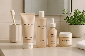 Serenique Beauty məhsulları ilə fərdi vanna otağı rəf düzülüşü