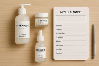 Həftə içi Serenique Beauty ofis masasında minimal dəriyə qulluq ritualı