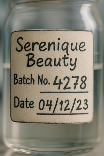 Serenique Beauty flakonu üzərində partiya etiketi və tarix qeydinin yaxın görüntüsü