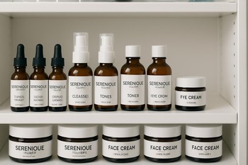 Serenique Beauty laboratoriyasında partiya nömrələri ilə işarələnmiş flakon rəfi