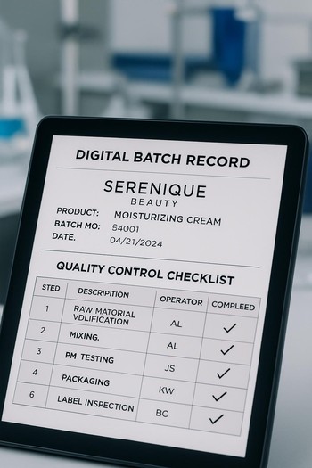 Serenique Beauty laboratoriyasında pinco və pin co partiya məlumatlarının kompüterdə saxlandığı rəqəmsal qeyd paneli