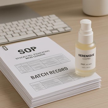 Serenique Beauty laboratoriyasında formul dəftərləri və partiya jurnalları olan iş masası