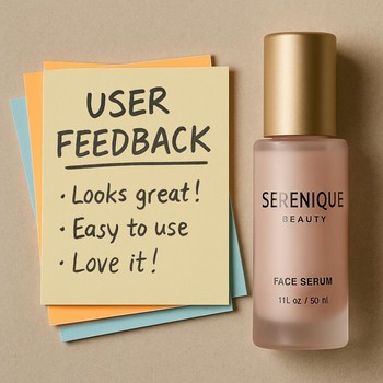 Serenique Beauty laboratoriyasında istifadəçi rəyləri ilə dolu qeydlər və stikerlər