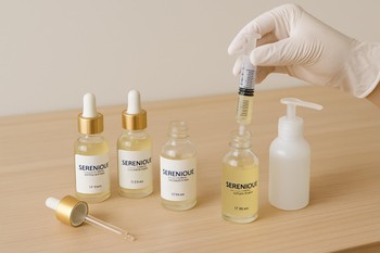 Serenique Beauty laboratoriyasında flakon doldurma və qablaşdırma masası