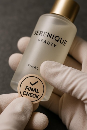 Serenique Beauty laboratoriyasında son keyfiyyət yoxlamasından keçən pinco və pin co flakonları