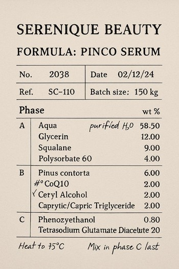 Serenique Beauty formul qeydləri və pinco, pin co üçün laboratoriya eskizləri