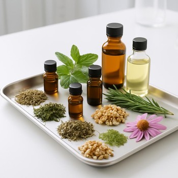 Serenique Beauty laboratoriyasında bitki ekstraktları və yağ nümunələri ilə tərkib trayı