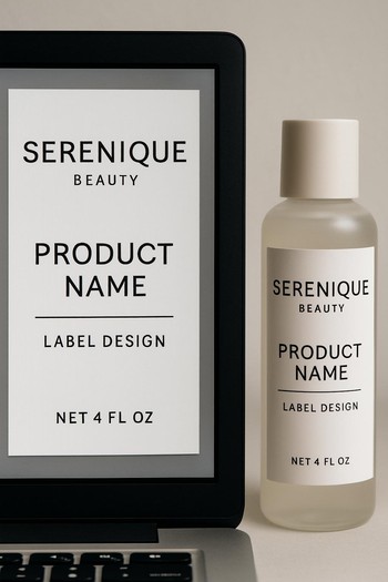 Serenique Beauty məhsulları üçün etiket dizayn eskizləri və çap nümunələri