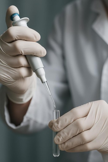 Serenique Beauty laboratoriyasında qoruyucu əlcəklərlə işləyən texnoloq