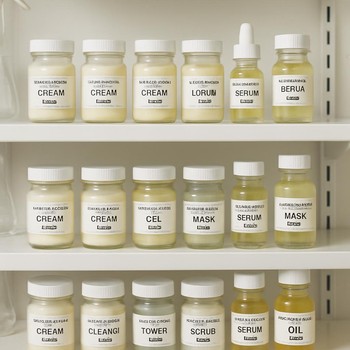 Serenique Beauty laboratoriya rəfində kiçik pilot partiya bankaları və flakonları
