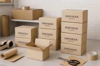 Serenique Beauty məhsullarının göndəriş üçün hazırlandığı qutular və paketlər
