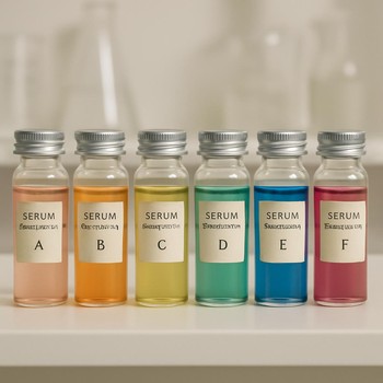 Serenique Beauty laboratoriyasında pinco serumlarının nümunə şüşələri rəfdə